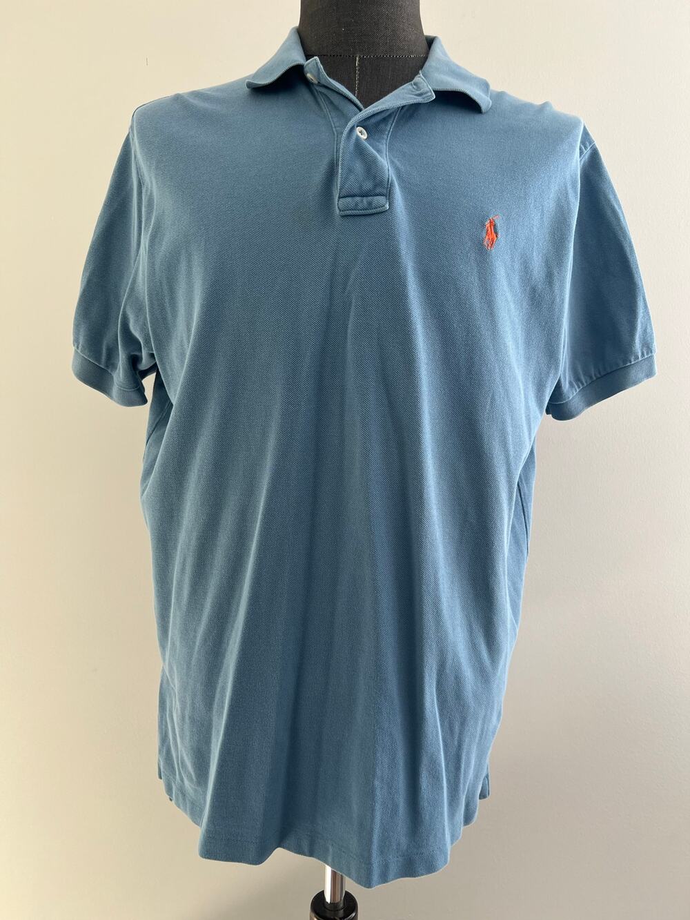 Polo Ralph Lauren 100% Pique Cotton Collared Shirt Blue Orange Size Large SG